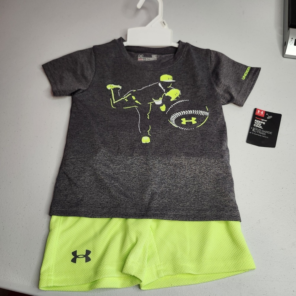 NWT Under Armour Infant Boys 18M Football Graphic Neon Yellow Shorts Set